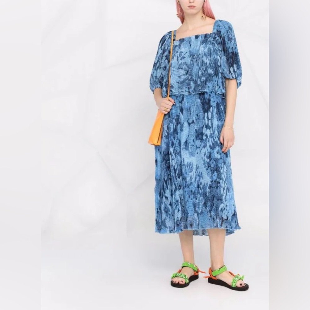 Ganni Pleated Georgette Printed Dress